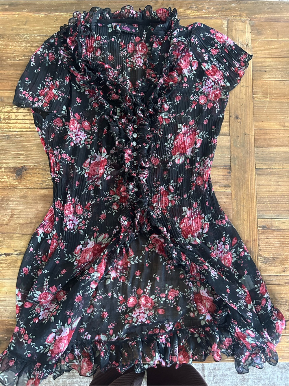 Ruffled V-Neck Floral Tunic Top - Black with Rose Print